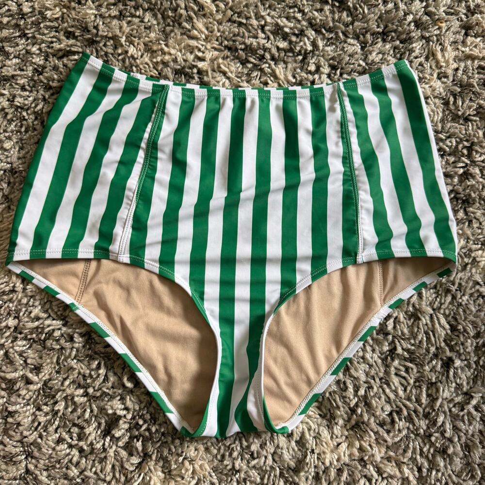 Kortnie Jeane High Rise Swim Bottoms Green White Vertical Stripe L Large